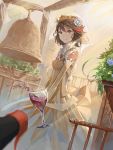  1girl alcohol bell blurry brooch brown_eyes brown_hair cup depth_of_field dress elbow_gloves gloves highres jewelry kill_la_kill looking_at_viewer matoi_ryuuko multicolored_hair senketsu short_hair smile solo spilling streaked_hair tiara two-tone_hair veil wine wine_glass ylpylf 