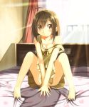  1girl :d ahoge ayataka bare_shoulders barefoot blush breasts brown_eyes brown_hair cleavage curtains highres off_shoulder on_bed open_mouth original pleated_skirt sitting skirt smile solo sunlight v_arms 