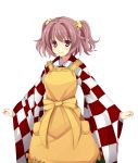  1girl apron bell blush checkered clothes_writing hair_bell hair_ornament japanese_clothes jingle_bell long_sleeves looking_at_viewer motoori_kosuzu red_eyes redhead short_hair simple_background smile solo touhou twintails white_background wide_sleeves yabu_q 