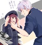  1boy 1girl axis_powers_hetalia blush brown_eyes brown_hair cannon crossover hat kantai_collection long_sleeves personification prussia_(hetalia) sailor_dress sailor_hat short_hair silver_hair sleeves_rolled_up sweatdrop weapon z3_max_schultz_(kantai_collection) 