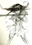  1girl commentary_request highres kill_la_kill kiryuuin_satsuki long_hair looking_at_viewer monochrome outstretched_arms pokira scissor_blade sketch solo thigh_belt wind_lift 