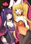  2girls :o ;d animal_ears aqua_eyes bangs bare_shoulders blonde_hair blue_eyes blunt_bangs blush bow bowtie breast_rest breasts bunny_girl bunny_tail bunnysuit cat_ears cat_tail choker cleavage cowboy_shot ear_studs earrings elbow_gloves fang finger_to_mouth fishnet_pantyhose fishnets forehead_protector frills garter_straps genderswap gloves heart hyuuga_hinata jewelry kittysuit konohagakure_symbol lace lace-trimmed_thighhighs leg_up long_hair moorina multiple_girls naruko naruto nose_blush open_mouth pantyhose purple_gloves purple_hair rabbit_ears smile sweatdrop tail thigh-highs thigh_gap tray twintails uzumaki_naruto very_long_hair whiskers wink wrist_cuffs 