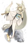  1girl absurdly_long_hair animal_ears barefoot blush breasts cleavage fan fox_ears hair_between_eyes hand_on_own_chest highres ichi_hachi_rei_rei japanese_clothes kimono large_breasts long_hair looking_at_viewer obi open_clothes open_kimono open_mouth original sash snow very_long_hair white_background white_hair yellow_eyes 