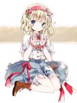  1girl alice_margatroid blonde_hair blue_eyes boots cierra_(ra-bit) cross-laced_footwear flower flower_wreath food food_as_clothes food_themed_clothes fruit hair_flower hair_ornament hairband lolita_hairband looking_at_viewer puffy_sleeves shirt short_sleeves sitting skirt smile solo strawberry touhou wariza 