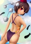  1girl ass black_hair competition_swimsuit from_behind hat highres kakiikada looking_back one-piece_swimsuit red_eyes shameimaru_aya short_hair solo swimsuit tokin_hat touhou 