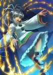  1girl anchors breasts brown_eyes danmaku grey_hair hat highres japanese_clothes long_hair long_sleeves mononobe_no_futo open_mouth outstretched_arm ponytail short_hair skirt solo tate_eboshi touhou 