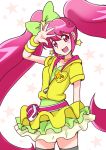  1girl :d aino_megumi arm_up bakusai bow choker cure_lovely earrings hair_bow happinesscharge_precure! hoodie jewelry lollipop_hip_hop long_hair magical_girl open_mouth pink_eyes pink_hair precure skirt smile solo thigh-highs twintails white_background yellow_skirt 