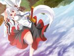  1girl animal_ears bare_shoulders breasts dagitsune_yuu detached_sleeves fang hat highres inubashiri_momiji large_breasts looking_at_viewer mountain open_mouth pom_pom_(clothes) red_eyes short_hair silver_hair skirt sky solo sword sword_bag tail tokin_hat touhou weapon wolf_ears wolf_tail 
