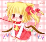  1girl animal_ears artist_name ascot blonde_hair blush cat_ears cat_tail checkered checkered_background chibi collar cuffs dated fang flandre_scarlet hair_ribbon handcuffs heart heart_background kakie_(tiger) kemonomimi_mode leash long_sleeves looking_at_viewer open_mouth red_eyes ribbon short_hair side_ponytail skirt skirt_set solo tail touhou 
