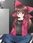  1girl blouse blush bow brown_eyes brown_hair commentary_request contemporary hair_bow hair_tubes hakurei_reimu hammer_(sunset_beach) jacket jacket_removed jeans long_hair looking_at_viewer sitting solo touhou 