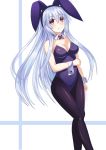  1girl animal_ears bare_shoulders black_legwear blue_hair blush breasts bunnysuit cleavage detached_collar fairy_fencer_f leotard long_hair looking_at_viewer pantyhose pink_eyes rabbit_ears sd smile solo standing tiara_(fairy_fencer_f) very_long_hair white_background wrist_cuffs 