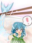  1girl blue_eyes blue_hair blush breasts chopsticks cleavage collarbone feitonokesin floral_print head_fins highres in_bowl in_container japanese_clothes kimono large_breasts mermaid minigirl monster_girl open_mouth spoken_exclamation_mark touhou wakasagihime 