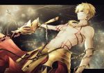  1girl blonde_hair chains collarbone ea_(fate/stay_night) earrings fate/extra fate/extra_ccc fate_(series) from_below gilgamesh grin holding holding_weapon jewelry red_eyes smile solo topless weapon yuririensu 