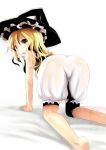  1girl all_fours ass bare_arms bare_shoulders blonde_hair bloomers chemise commentary_request hat kirisame_marisa kurona looking_at_viewer looking_back open_mouth see-through solo sweat touhou underwear witch_hat yellow_eyes 