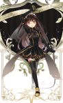  1girl black_hair boots crossed_legs full_body green_eyes hairband long_hair motto pixiv_fantasia pixiv_fantasia_fallen_kings shiyun showgirl_skirt solo standing thigh-highs thigh_boots veil weapon whip 