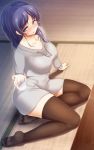  1girl black_legwear blue_eyes blue_hair blush collarbone drunk glass highres hiradaira_chisaki long_hair nagi_no_asukara sitting solo sweater tatami thigh-highs umeboshi_jin 