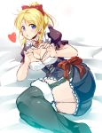  1girl ajishio ayase_eli blonde_hair blue_eyes blush breasts center_opening cleavage garter_straps heart heart_hands long_hair love_live!_school_idol_project open_mouth ponytail smile solo thigh-highs 