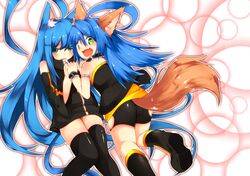  2girls ahoge animal_ears bike_shorts black_legwear blue_hair blush borrowed_character coup_(shun_soku) green_eyes holding_hands huge_ahoge long_hair looking_at_viewer looking_back multiple_girls nana_muted_xilofon open_mouth original shun_soku smile tail thigh-highs 