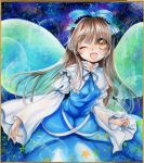  1girl blue_dress bow brown_eyes brown_hair dress fairy_wings frame hair_bow highres juliet_sleeves long_hair long_sleeves looking_at_viewer mosho open_mouth paint_(medium) puffy_sleeves shirt smile solo star star_sapphire touhou traditional_media very_long_hair watercolor_(medium) wide_sleeves wings wink 