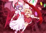  2girls ascot bat_wings blonde_hair brooch clouds cross_(crossryou) dress flandre_scarlet full_moon highres jewelry laevatein looking_at_viewer moon multiple_girls night open_mouth puffy_sleeves purple_hair red_eyes red_moon remilia_scarlet scarlet_devil_mansion shirt short_sleeves siblings sisters skirt skirt_set sky smile spear_the_gungnir touhou vest violet_eyes white_dress wings wrist_cuffs 