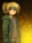  1girl bad_id blonde_hair cal_devens child green_eyes highres hoodie looking_at_viewer phantom_of_inferno rustle short_hair solo 