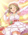  1girl ;d bow breasts bridal_gauntlets brown_eyes brown_hair cleavage collarbone dress elbow_gloves gloves hat idolmaster idolmaster_cinderella_girls jewelry jpeg_artifacts large_breasts microphone mimura_kanako necklace official_art open_mouth plump short_hair skirt smile star tears thigh-highs wink 