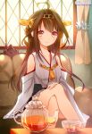  1girl blush brown_hair collarbone couch crossed_legs cup curtains glass hairband hand_on_lap kantai_collection kongou_(kantai_collection) looking_at_viewer nontraditional_miko shiny shiny_skin sitting smile tea tea_kettle tea_set teacup window yadapot yellow_eyes 