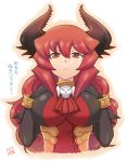  1girl :&lt; borrowed_character bracelet breast_squeeze breasts demon_girl demon_horns demon_tail elbow_gloves gloves horns jewelry large_breasts long_hair maou_beluzel mimura_ryou original red_eyes redhead slit_pupils solo tail translation_request yuusha_to_maou 