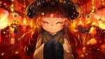  1girl alternate_costume braid bust chinese_clothes chinese_lantern closed_eyes facing_viewer hands_in_sleeves hat hong_meiling long_hair nihimaru outdoors redhead road smile solo touhou twin_braids 