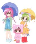  3girls :q braid candy cheek_bulge dejiko di_gi_charat glasses multiple_girls puchiko raincoat sakai_kyuuta tail tongue twin_braids umbrella usada_hikaru 