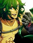  1boy abs blue_eyes gloves green_hair harness kill_la_kill mask mask_removed nudist_beach_uniform pectorals saion_(akax) sanageyama_uzu short_hair smile solo spoilers 