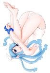  1girl blue_eyes blue_hair hat highres ikamusume long_hair one-piece_swimsuit open_mouth ozisun1103 shinryaku!_ikamusume solo swimsuit tentacle_hair upside-down white_swimsuit 