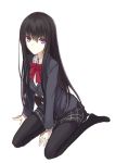  1girl between_legs black_hair bow bowtie expressionless kauto long_hair looking_at_viewer original pantyhose ribbon school_uniform simple_background sitting skirt solo violet_eyes wariza white_background 