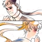  1boy 1girl bishoujo_senshi_sailor_moon black_hair blonde_hair blush clenched_hand face hair_bun hakari1909 half-closed_eyes lowres ponytail profile sad seiya_kou side tsukino_usagi twintails 