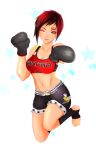 1girl boxing_gloves breasts brown_eyes cleavage dead_or_alive dead_or_alive_5 highres large_breasts mila_(doa) mixed_martial_arts navel redhead short_hair smile solo sports_bra star star-shaped_pupils symbol-shaped_pupils tiuco toeless_socks toes wink 