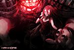  1girl battleship-symbiotic_hime black_hair cannon collarbone glowing glowing_eyes hands highres horns kantai_collection long_hair open_mouth otani_(gloria) red_eyes shinkaisei-kan sleeveless solo teeth turret very_long_hair weapon 