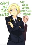  1boy 1girl :&lt; blonde_hair blue_eyes blush can&#039;t_be_this_cute crossed_arms formal natalia_poklonskaya ore_no_imouto_ga_konna_ni_kawaii_wake_ga_nai parody politician real_life suit uniform vladimir_putin 