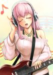  1girl blush breasts closed_eyes electric_guitar guitar headphones instrument large_breasts long_hair musical_note nitroplus off_shoulder open_mouth pink_hair solo super_sonico 