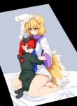  2girls animal_ears barefoot blonde_hair blush bow breasts cat_ears cat_tail extra_ears fox_ears fox_tail hair_bow hat hug kaenbyou_rin large_breasts long_hair looking_at_viewer mizuga multiple_girls multiple_tails pointy_ears red_eyes redhead short_hair smile tail touhou yakumo_ran yellow_eyes 