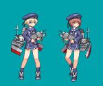  2girls aqua_background blue_eyes brown_eyes brown_hair cannon e79 hat kantai_collection long_sleeves lowres multiple_girls pixel_art sailor_hat short_hair silver_hair turret weapon z1_leberecht_maass_(kantai_collection) z3_max_schultz_(kantai_collection) 