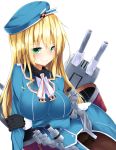  1girl atago_(kantai_collection) blonde_hair breasts cannon fur_trim green_eyes hat highres kantai_collection long_hair long_sleeves mizushina_minato personification smile solo turret weapon white_background 