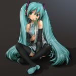  1girl aqua_eyes aqua_hair detached_sleeves hatsune_miku headphones headset long_hair looking_at_viewer nail_polish necktie rustle sitting skirt smile solo spring_onion thigh-highs twintails very_long_hair vocaloid zettai_ryouiki 