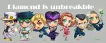  1girl 6+boys black_hair blonde_hair blue_eyes brown_hair chibi gakuran green_eyes hariyama_(toubou_tengoku) hazekura_mikitaka heart higashikata_jousuke hirose_kouichi jojo_no_kimyou_na_bouken kishibe_rohan kuujou_joutarou long_hair multiple_boys nijimura_okuyasu pompadour purple_hair school_uniform sugimoto_reimi violet_eyes white_hair 