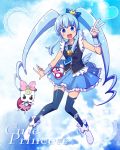  1girl ayami_chiha blue_eyes blue_hair blue_skirt boots bow crown cure_princess hair_ornament happinesscharge_precure! jewelry long_hair magical_girl open_mouth precure ribbon_(happinesscharge_precure!) shirayuki_hime skirt smile thigh-highs twintails v wrist_cuffs 