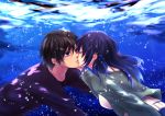  1boy 1girl black_hair blue_hair booster517 brown_eyes closed_eyes couple hiradaira_chisaki kihara_tsumugu kiss long_hair nagi_no_asukara short_hair underwater 