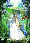  1girl :&lt; blue_eyes blue_hair breasts dress gua hat hatsune_miku long_hair looking_back parted_lips see-through sideboob solo straw_hat sun_hat sundress twintails very_long_hair vocaloid wading wet wet_clothes wet_dress white_dress 