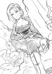  1girl android_18 bangs breasts bruise cleavage crossed_legs dragon_ball dragon_ball_z dutch_angle earrings eroquis hoop_earrings injury jewelry large_breasts pantyhose parted_bangs short_hair sitting smile solo_focus torn_clothes torn_pantyhose 
