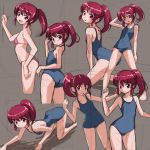  1girl aino_megumi all_fours bikini blush brown_background happinesscharge_precure! looking_at_viewer one-piece_swimsuit open_mouth ponytail precure red_eyes redhead rohitsuka short_hair sketch smile solo swimsuit 