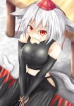  1girl animal_ears bare_shoulders breasts detached_sleeves eating fang firolat hat inubashiri_momiji large_breasts long_skirt looking_at_viewer midriff navel red_eyes short_hair silver_hair skirt snow solo tagme tail tears tokin_hat touhou v_arms wolf_ears wolf_tail 