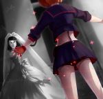  2girls absurdres black_hair bridal_veil brown_hair dress frown highlights highres kill_la_kill mankanshoku_mako matoi_ryuuko midriff multicolored_hair multiple_girls outstretched_arms partially_colored qq red_string senketsu sparkle spoilers string suspenders veil wedding_dress 